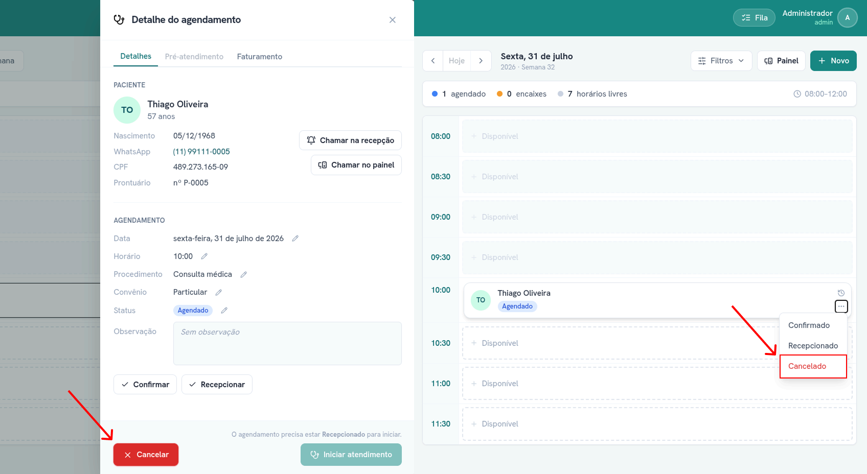 Os dois caminhos para cancelar um agendamento: o botão Cancelar no painel de detalhe, e a opção Cancelado no menu de três pontos do cartão na grade