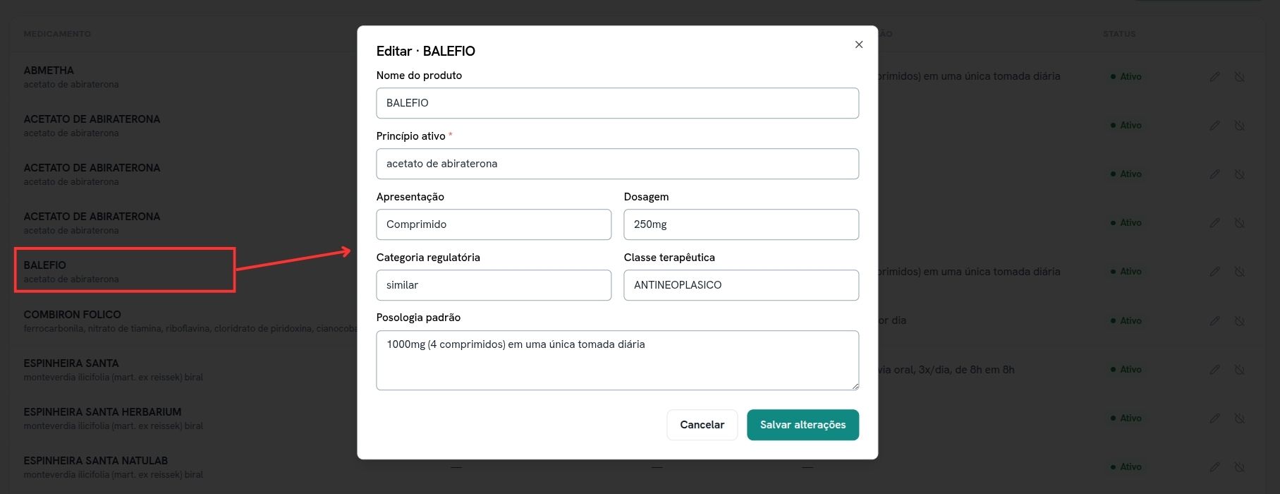 Informações do medicamento selecionado