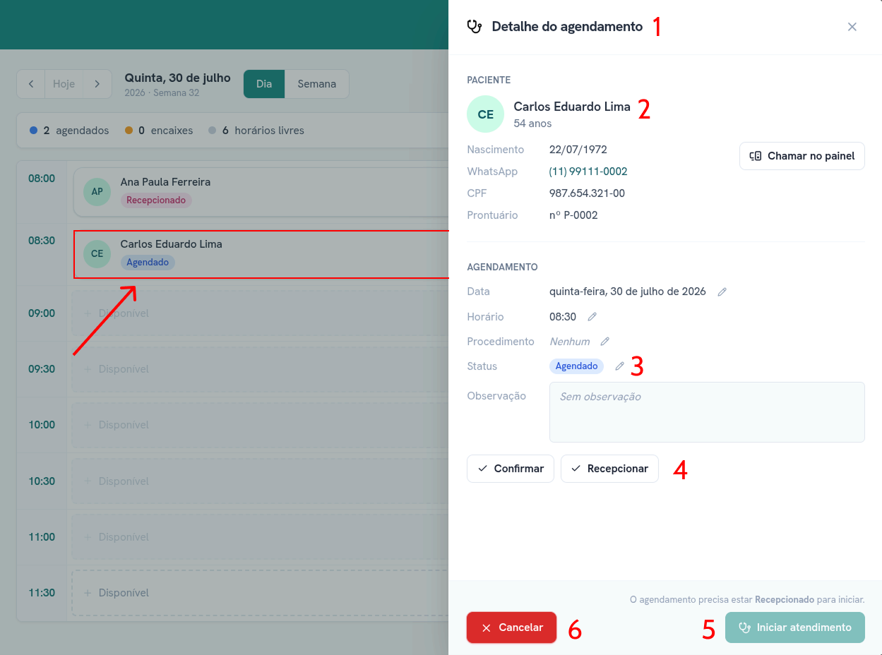Painel de detalhe do agendamento, aberto a partir de um cartão na grade da Agenda