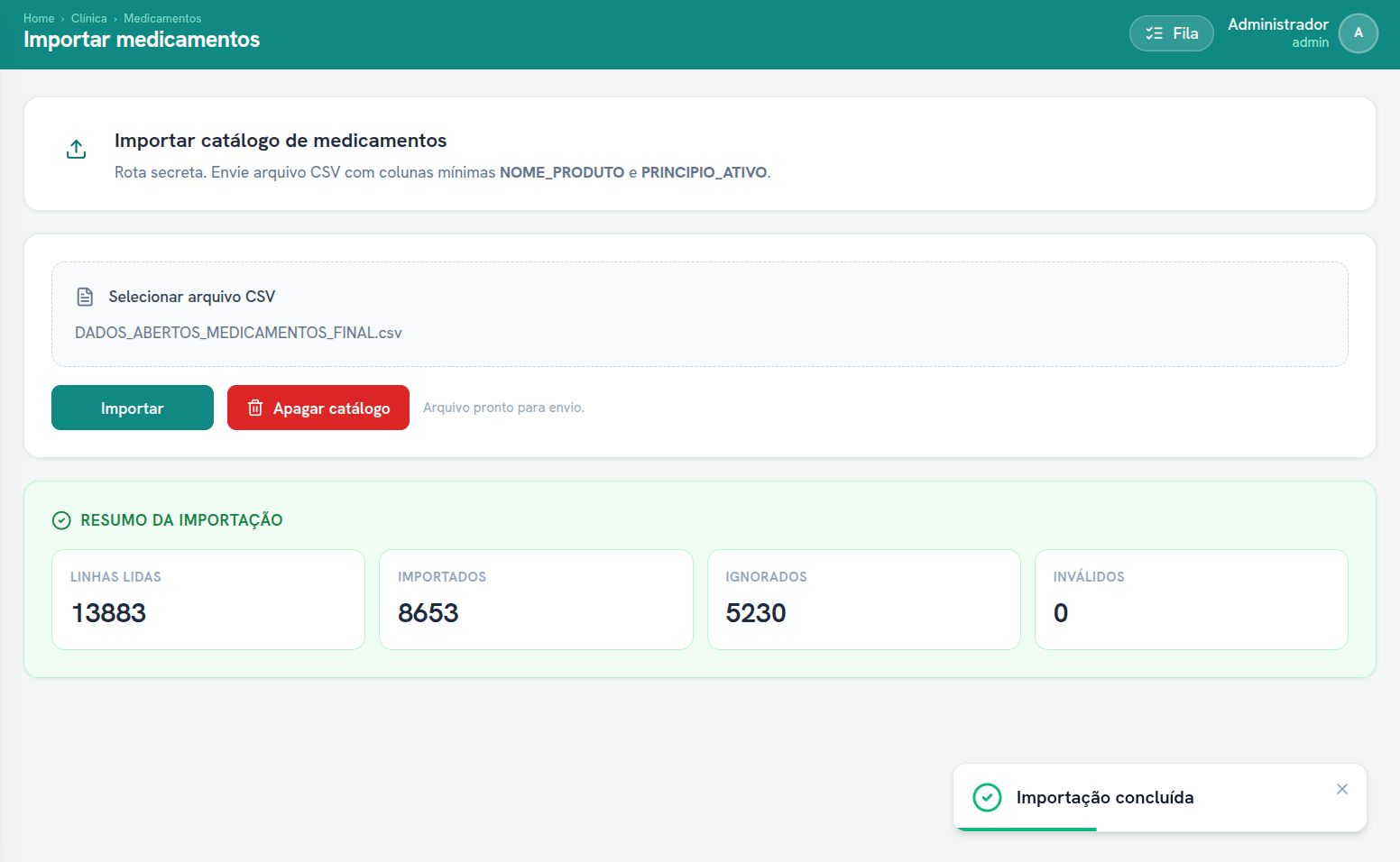 Tela de importação de medicamentos pós importação bem-sucedida