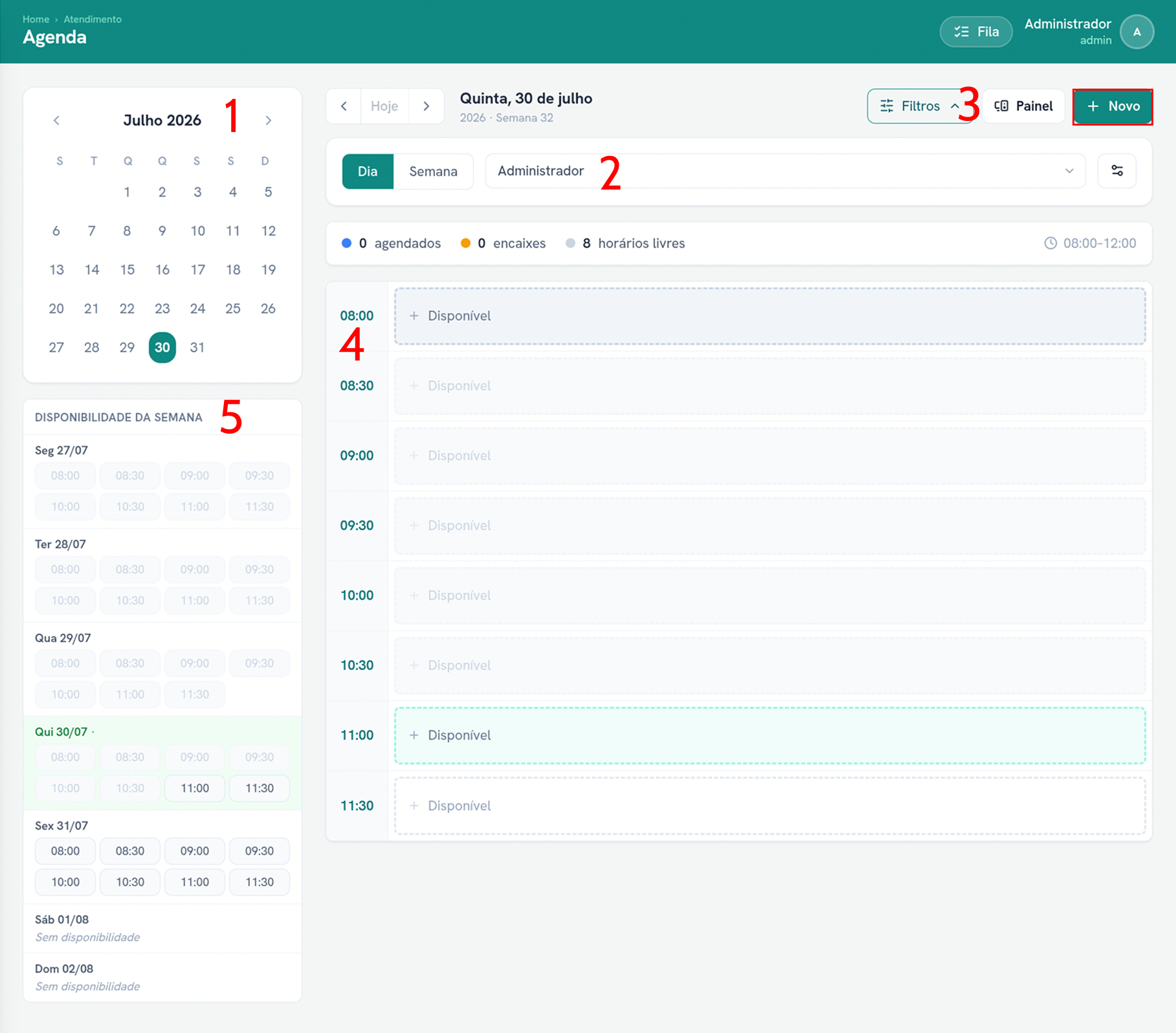 Tela de Agenda, com calendário mensal e disponibilidade da semana à esquerda, e a grade do dia com a barra de resumo à direita